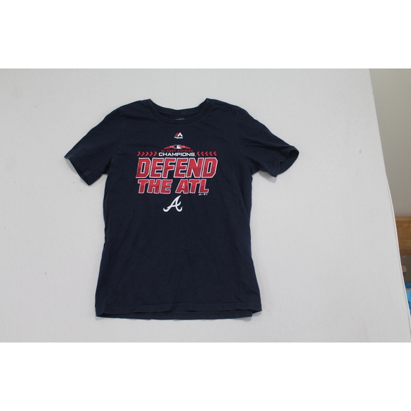 Atlanta Braves Kid Blue Tee Shirt MLB Defend ATL Size Large - Picture 1 of 8